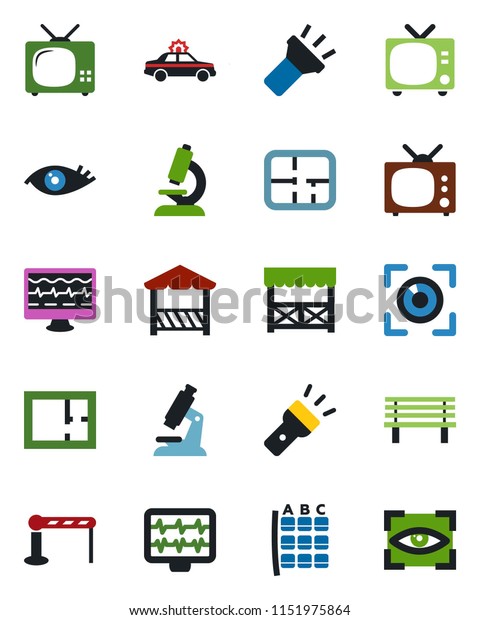 Color and black flat icon set - barrier vector, tv,
alarm car, seat map, bench, monitor pulse, microscope, eye, torch,
plan, alcove, scan