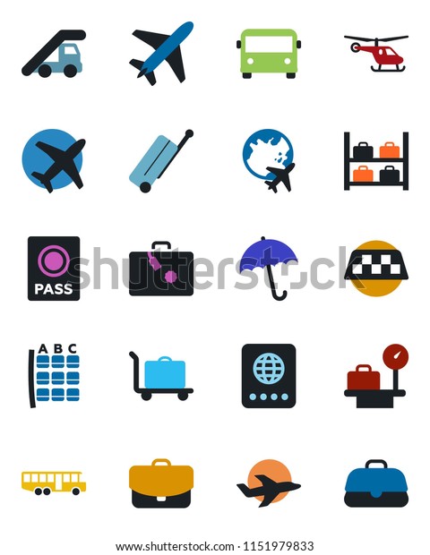 Color and\
black flat icon set - plane vector, taxi, suitcase, baggage\
trolley, airport bus, umbrella, passport, ladder car, helicopter,\
seat map, luggage storage, scales, globe,\
case