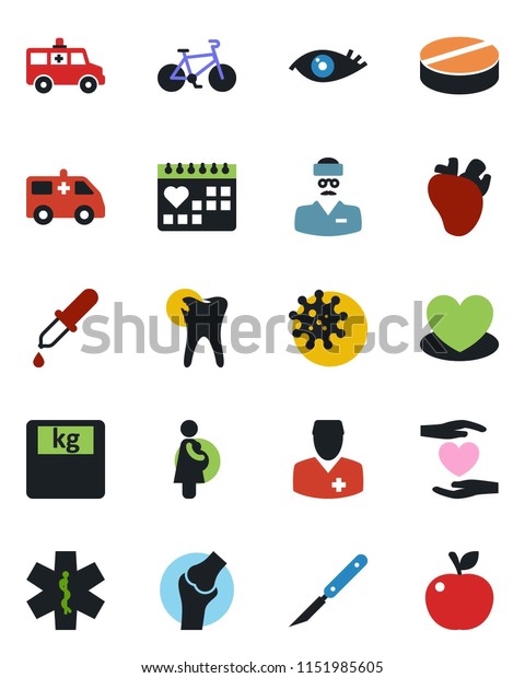 Color and black flat icon set - heart vector,
dropper, scales, pills, scalpel, ambulance star, car, bike, hand,
real, caries, eye, joint, medical calendar, doctor, pregnancy,
virus, apple fruit