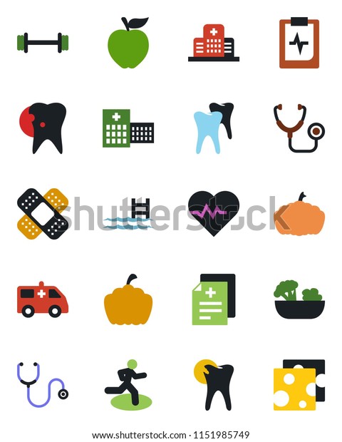 Color and black flat icon set - pumpkin vector,\
heart pulse, diagnosis, stethoscope, patch, ambulance car, barbell,\
run, tooth, caries, clipboard, hospital, pool, salad, apple fruit,\
cheese