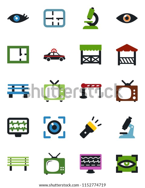 Color and black flat icon set - barrier vector, tv,
alarm car, bench, monitor pulse, microscope, eye, torch, plan,
alcove, scan