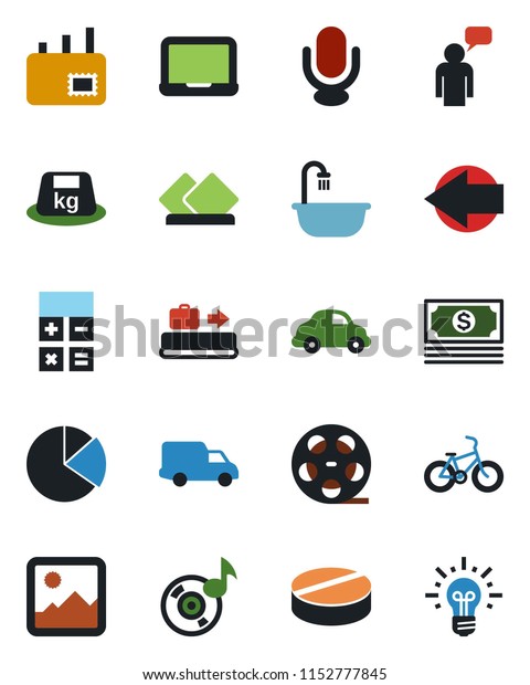 Color and black flat icon set - baggage conveyor\
vector, left arrow, speaking man, calculator, notebook pc, pills,\
bike, cash, car delivery, heavy, reel, microphone, gallery, music,\
pie graph, mail