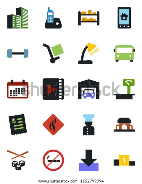 Color and black flat icon set - airport bus\
vector, no smoking, barbell, cargo, heavy scales, rack, radio\
phone, download, video, office building, desk lamp, garage, cook,\
cafe, restaurant receipt