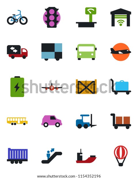 Color and black flat icon set - baggage trolley\
vector, airport bus, escalator, fork loader, plane, bike, traffic\
light, sea shipping, truck trailer, container, consolidated cargo,\
heavy scales, car