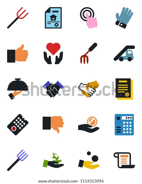 Color and black flat icon set - ladder car vector,\
garden fork, farm, glove, heart hand, touch screen, finger up,\
down, handshake, contract, estate document, waiter, remote control,\
combination lock