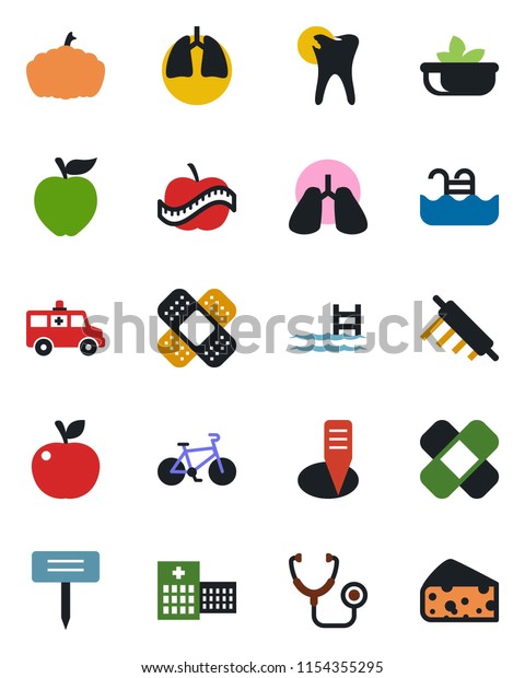 Color and black\
flat icon set - plant label vector, pumpkin, stethoscope, patch,\
ambulance car, bike, lungs, caries, diet, hospital, pool, salad,\
rolling pin, apple fruit,\
cheese
