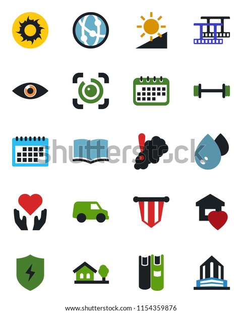 Color and black flat icon set - book vector, pennant,\
sun, barbell, heart hand, eye, film frame, network, protect,\
brightness, id, calendar, house with tree, sweet home, water, smoke\
detector, car