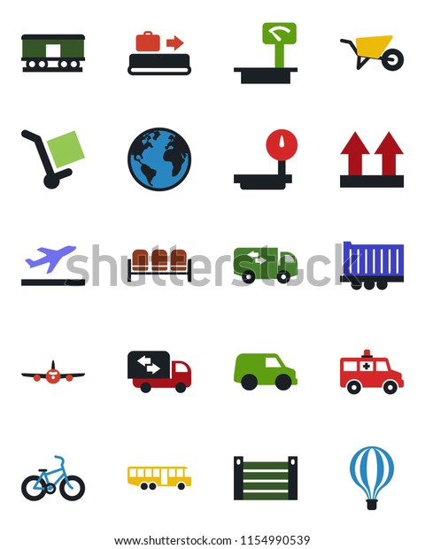 Color and black flat icon set - departure\
vector, baggage conveyor, airport bus, waiting area, plane,\
wheelbarrow, ambulance car, bike, earth, truck trailer, container,\
cargo, up side sign,\
railroad