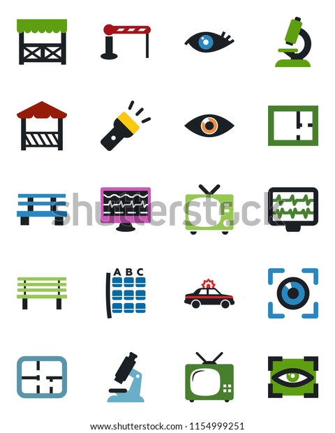 Color and black flat icon set - barrier vector, tv,\
alarm car, seat map, bench, monitor pulse, microscope, eye, torch,\
plan, alcove, scan