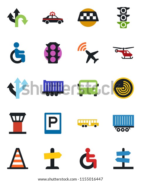 Color and black\
flat icon set - airport tower vector, plane radar, taxi, bus,\
parking, alarm car, border cone, helicopter, disabled, route,\
traffic light, truck trailer,\
guidepost