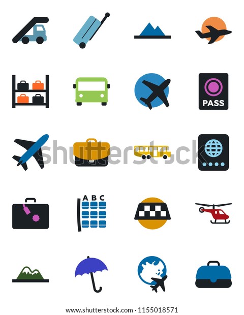 Color and black flat icon\
set - plane vector, taxi, suitcase, airport bus, umbrella,\
passport, ladder car, helicopter, seat map, luggage storage, globe,\
mountains, case