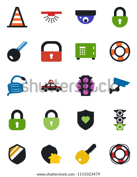 Color and\
black flat icon set - alarm car vector, border cone, safe, lock,\
hose, heart shield, traffic light, key, home protect, surveillance,\
sprinkler, crisis\
management