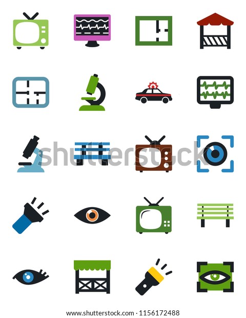 Color\
and black flat icon set - tv vector, alarm car, bench, monitor\
pulse, microscope, eye, torch, plan, alcove,\
scan
