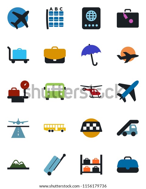 Color and black flat icon set - plane vector,\
runway, taxi, suitcase, baggage trolley, airport bus, umbrella,\
passport, ladder car, helicopter, seat map, luggage storage,\
scales, mountains, case