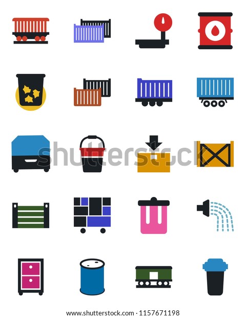 Color\
and black flat icon set - trash bin vector, bucket, watering,\
railroad, truck trailer, cargo container, consolidated, package,\
oil barrel, heavy scales, archive box, water\
filter