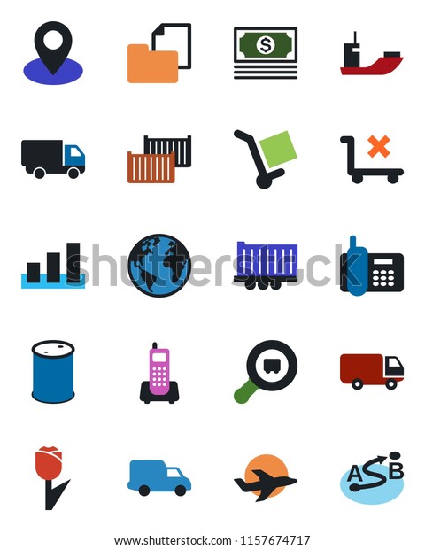 Color and black flat icon set - earth vector, pin,\
plane, cash, office phone, sea shipping, truck trailer, cargo\
container, car delivery, folder document, no trolley, tulip,\
sorting, oil barrel