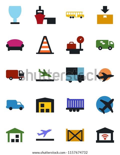 Color and black flat icon set - departure vector,
arrival, airport bus, waiting area, border cone, luggage scales,
plane, truck trailer, car delivery, sea port, container,
consolidated cargo,
moving