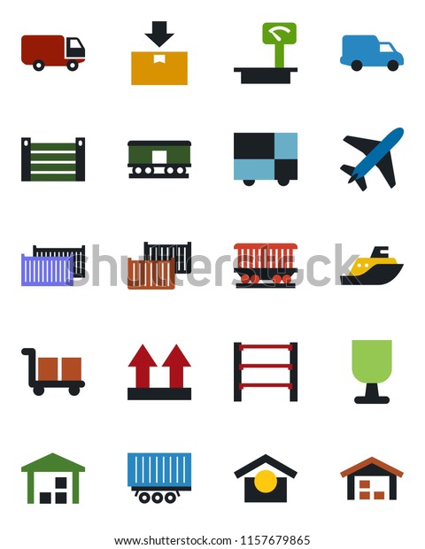Color and black flat icon set - plane vector,
railroad, sea shipping, truck trailer, cargo container, car
delivery, consolidated, fragile, warehouse storage, up side sign,
package, heavy scales