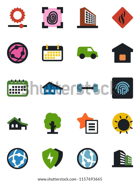 Color and black flat icon set - office building\
vector, tree, sun, barbell, term, network, favorites list, protect,\
brightness, fingerprint id, house with garage, smart home, smoke\
detector, car