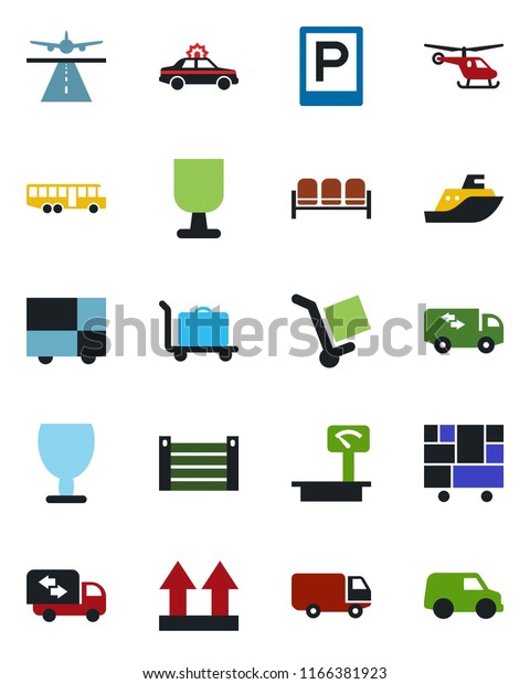 Color and black flat icon set - runway vector,\
baggage trolley, airport bus, parking, waiting area, alarm car,\
helicopter, sea shipping, delivery, container, consolidated cargo,\
fragile, moving