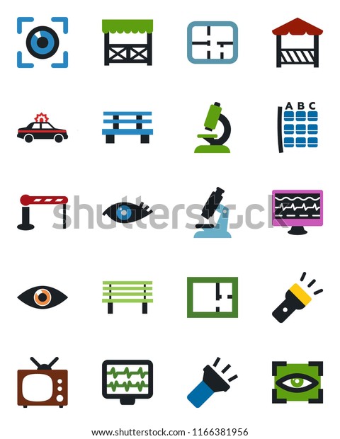 Color and black flat icon set - barrier vector,
alarm car, seat map, bench, monitor pulse, microscope, eye, torch,
plan, tv, alcove, scan