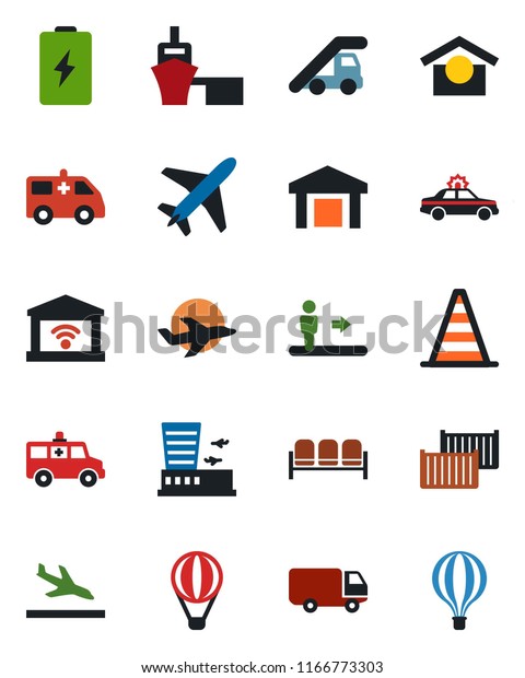 Color and black flat icon set - plane vector,\
arrival, escalator, waiting area, alarm car, ladder, border cone,\
airport building, ambulance, cargo container, delivery, sea port,\
warehouse storage