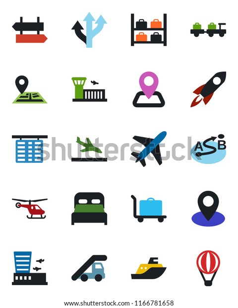 Color and black flat icon set - plane vector,\
arrival, baggage trolley, signpost, larry, ladder car, helicopter,\
flight table, luggage storage, airport building, route, navigation,\
pin, sea shipping