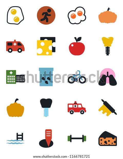 Color and\
black flat icon set - plant label vector, pumpkin, seeds, ambulance\
car, barbell, bike, run, lungs, implant, hospital, pool, rolling\
pin, omelette, apple fruit,\
cheese