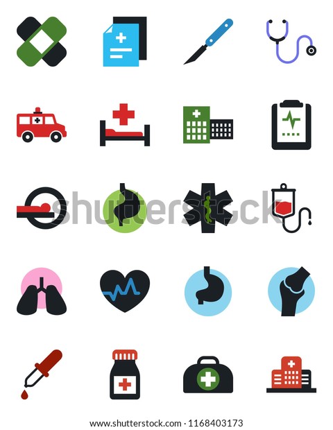 Color and black flat icon set - heart pulse vector,
doctor case, diagnosis, stethoscope, dropper, pills bottle,
scalpel, patch, tomography, ambulance star, car, hospital bed,
stomach, lungs, joint