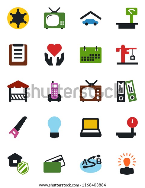 Color and black flat icon set - office binder\
vector, bulb, saw, heart hand, phone, clipboard, heavy scales,\
route, calendar, notebook pc, garage, tv, crane, estate insurance,\
alcove, credit card