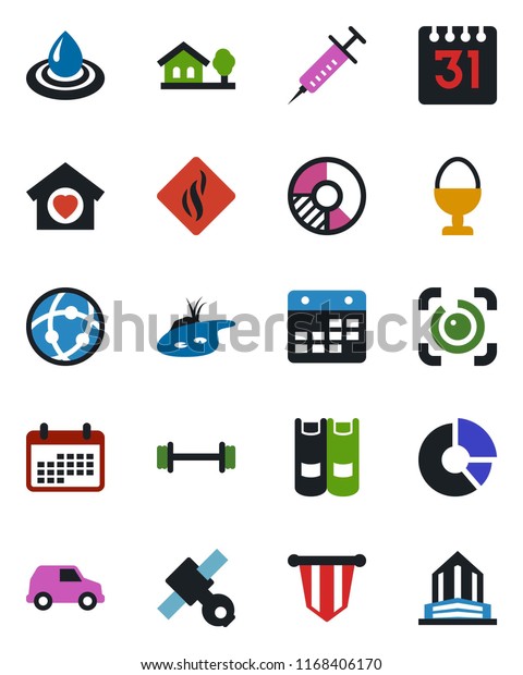 Color and black flat icon set - book vector, pennant,\
circle chart, syringe, barbell, satellite, network, calendar, eye\
id, house with tree, pond, sweet home, egg stand, water, smoke\
detector, car
