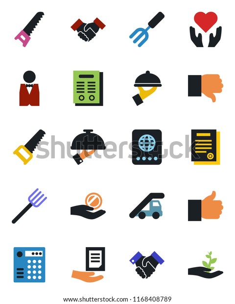 Color and black flat icon set - passport vector,\
ladder car, document, garden fork, farm, saw, heart hand, finger\
up, down, handshake, contract, waiter, combination lock,\
investment, palm sproute