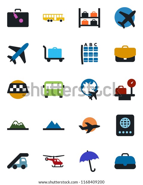 Color and black flat icon set - plane vector, taxi,\
suitcase, baggage trolley, airport bus, umbrella, passport, ladder\
car, helicopter, seat map, luggage storage, scales, globe,\
mountains, case