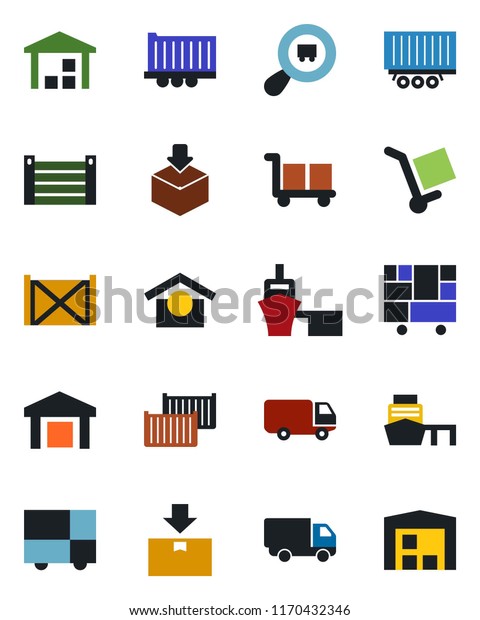 Color and black flat icon set - truck trailer\
vector, cargo container, car delivery, sea port, consolidated,\
warehouse storage, package,\
search