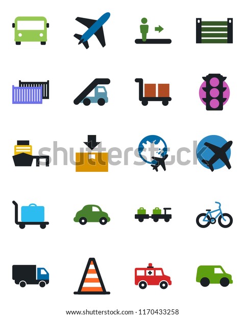 Color and black flat icon set - plane vector,\
baggage trolley, airport bus, escalator, larry, ladder car, border\
cone, globe, ambulance, bike, traffic light, cargo container,\
delivery, sea port