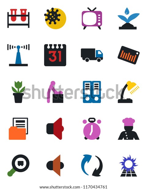 Color and black flat icon set - alarm clock vector,\
baby room, office binder, flower in pot, blood test vial, virus,\
car delivery, search cargo, barcode, antenna, speaker, tv, update,\
calendar, cook