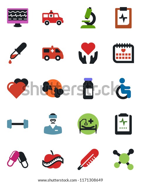 Color and black flat icon set - heart vector,\
monitor pulse, dropper, thermometer, microscope, pills, ampoule,\
ambulance car, barbell, hospital bed, disabled, hand, broken bone,\
medical calendar