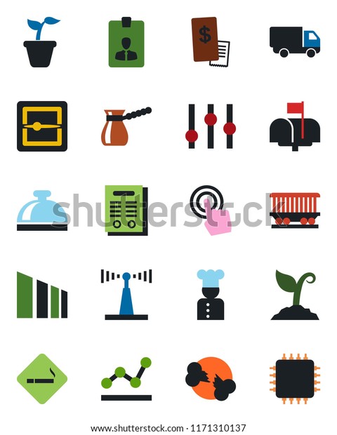 Color and black flat icon set - smoking place\
vector, reception bell, identity card, seedling, sproute, broken\
bone, railroad, car delivery, sorting, antenna, settings, touch\
screen, scanner, cook