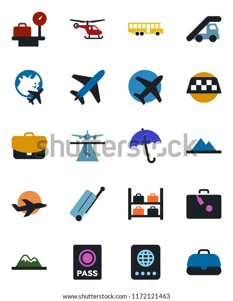 Color and black\
flat icon set - plane vector, runway, taxi, suitcase, airport bus,\
umbrella, passport, ladder car, helicopter, luggage storage,\
scales, globe, mountains,\
case