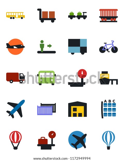 Color and black flat icon set - plane vector,\
airport bus, escalator, baggage larry, seat map, luggage scales,\
bike, railroad, cargo container, car delivery, sea port,\
consolidated, heavy,\
warehouse