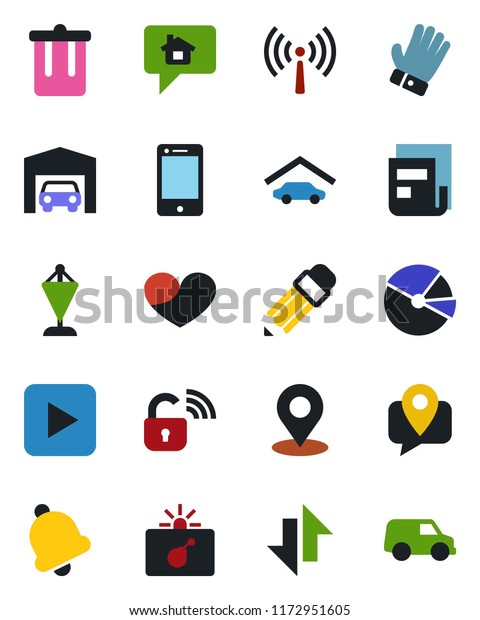 Color and black flat icon set - antenna vector, trash\
bin, bomb in case, pennant, glove, mobile tracking, cell phone,\
heart, play button, bell, data exchange, place tag, pie graph,\
news, pencil, car