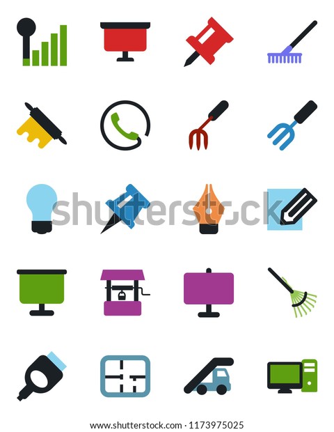 Color and\
black flat icon set - ladder car vector, presentation board, bulb,\
pencil, garden fork, rake, well, hdmi, cellular signal, drawing\
pin, ink pen, plan, phone, rolling,\
pc