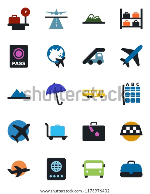 Color and black flat icon set - plane vector,\
runway, taxi, suitcase, baggage trolley, airport bus, umbrella,\
passport, ladder car, seat map, luggage storage, scales, globe,\
mountains, case