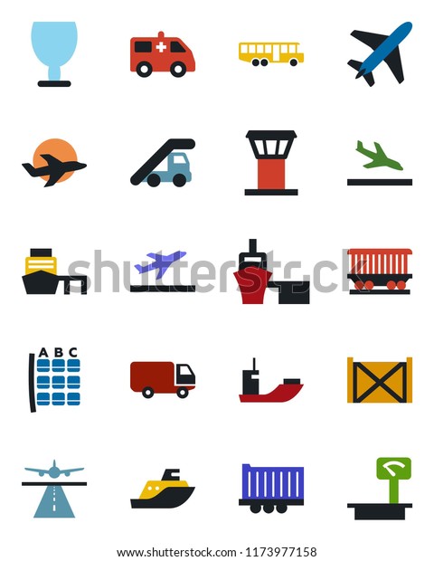 Color and black flat icon set - plane vector,
airport tower, runway, departure, arrival, bus, ladder car, seat
map, ambulance, railroad, sea shipping, truck trailer, delivery,
port, container