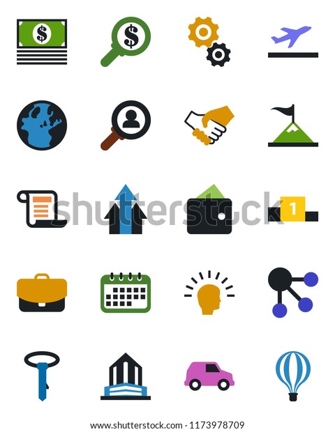 Color and black flat icon set - departure\
vector, consumer search, arrow up graph, gear, shining head,\
motivation, handshake, wallet, earth, money, calendar, cash, case,\
car, social media,\
pedestal