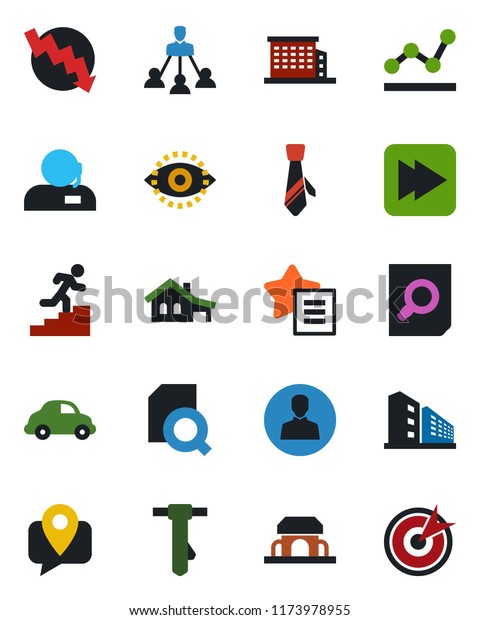 Color and black flat icon set - document search\
vector, tie, crisis graph, mobile tracking, car delivery, favorites\
list, fast forward, user, eye id, support, point, hierarchy, career\
ladder, cafe