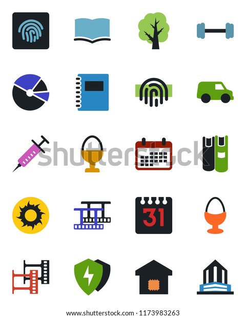 Color and\
black flat icon set - book vector, tree, sun, syringe, barbell,\
film frame, protect, calendar, fingerprint id, copybook, pie graph,\
smart home, egg stand, car, office\
building