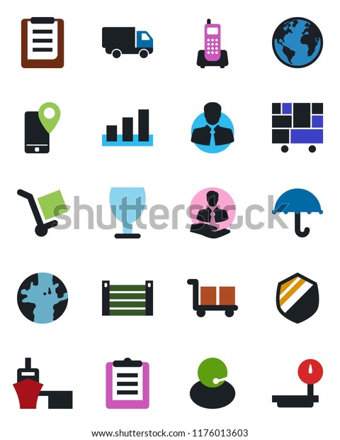 Color and black flat icon set - earth vector,\
office phone, support, client, mobile tracking, car delivery, sea\
port, container, consolidated cargo, clipboard, fragile, umbrella,\
sorting, shield
