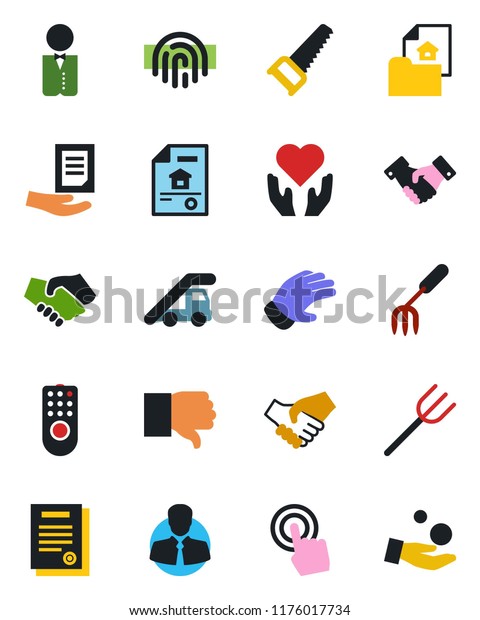 Color and black flat icon set - ladder car vector,\
handshake, document, garden fork, farm, glove, saw, heart hand,\
client, touch screen, finger down, fingerprint id, contract,\
estate, waiter