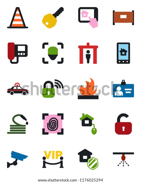 Color and black flat icon set - fence vector,\
security gate, alarm car, border cone, identity card, hose,\
flammable, face id, key, lock, estate insurance, vip zone, home\
control, fingerprint,\
app
